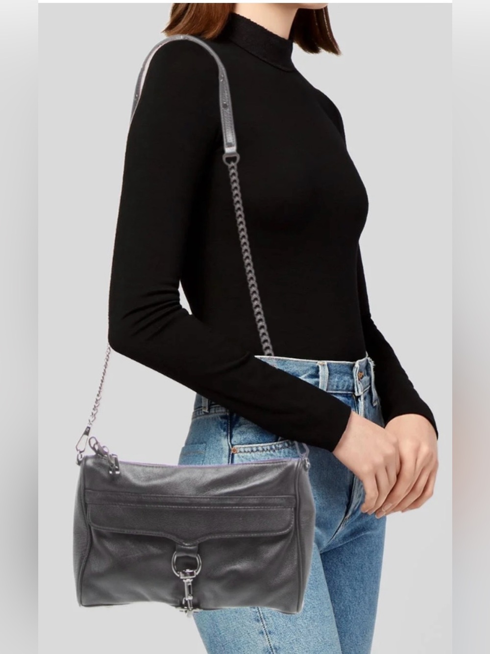 Rebecca Minkoff Full Size Mac Clutch Crossbody in Grey Leather